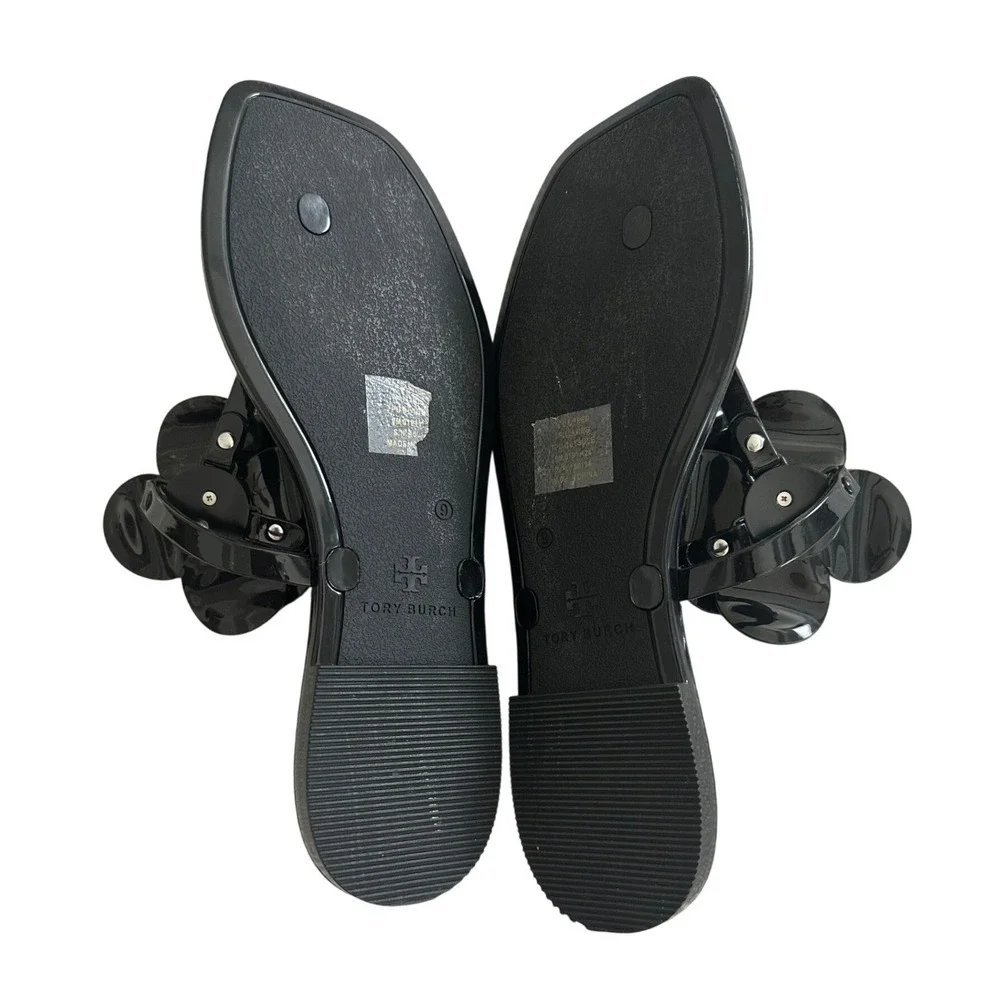 Tory Burch Black‎ Jelly Flower Thong Sandals Square Toe Floral Slides Womens 9